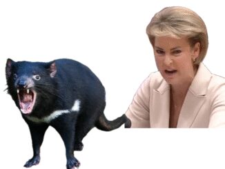 Tasmanian devil beside a woman speaking.
